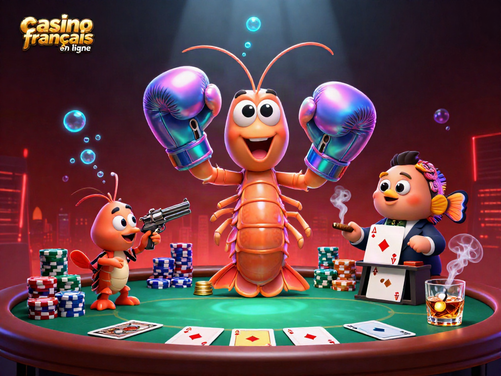 Jouez au casino français en ligne avec des personnages de crevettes et des éléments de poker captivants.