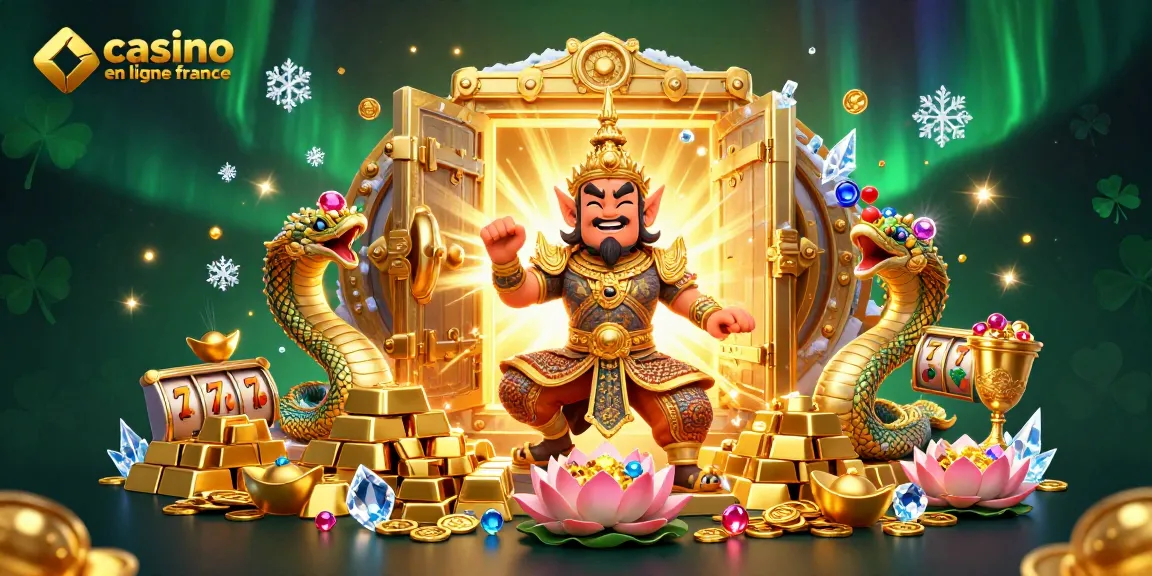 Profitez des jackpots dans un casino en ligne France avec une illustration 3D de gardiens, trésors et symboles gagnants.