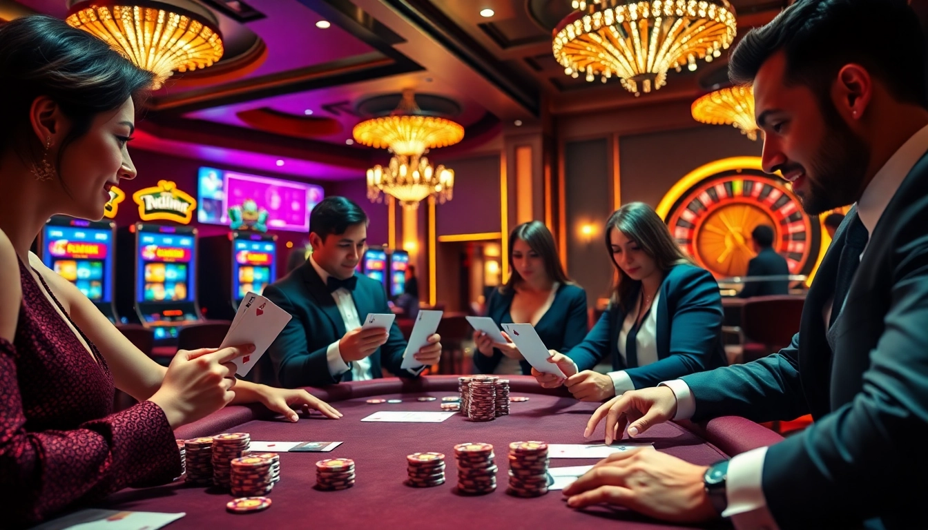 Ambiance de casino en ligne 2026 pleine d'action avec des joueurs engagés aux tables et des machines à sous vibrantes.