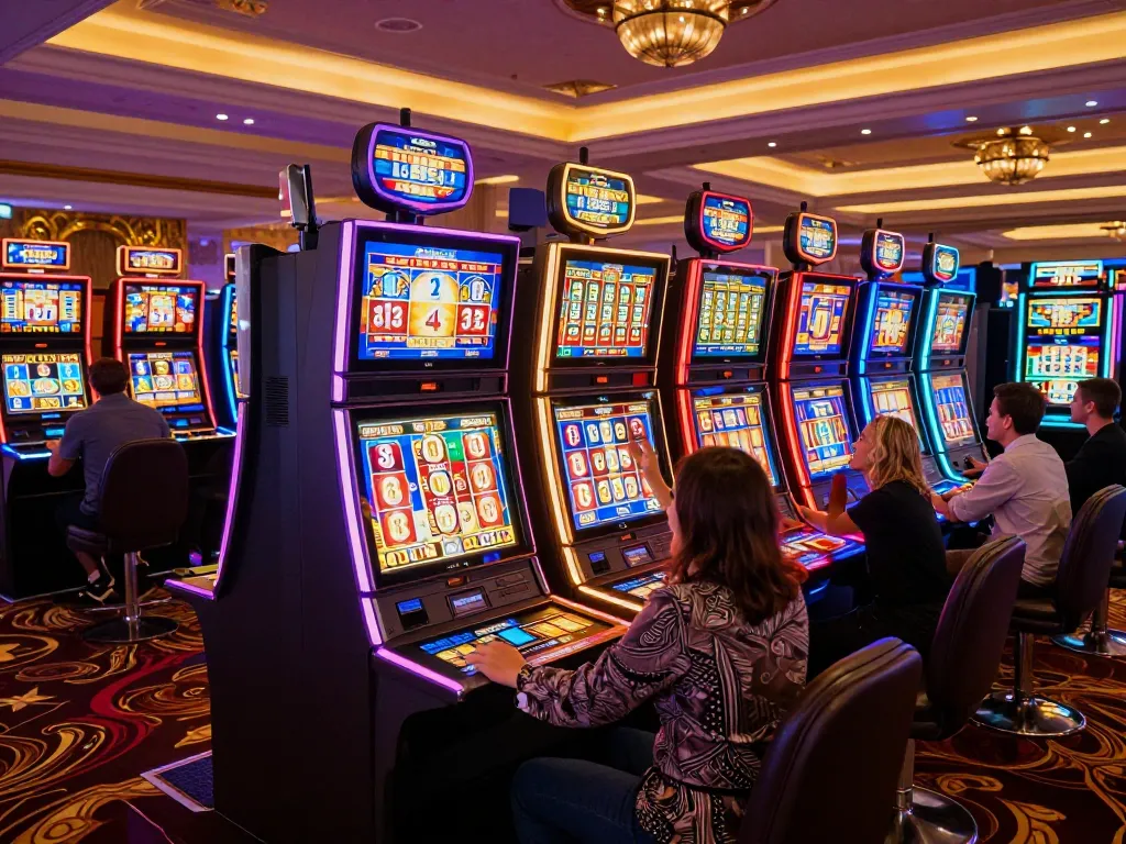 Experience the thrill of rokok88 slot in a vibrant casino with colorful machines and engaged players.