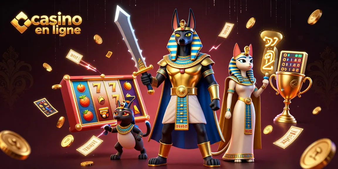 Jouez au casino en ligne avec Anubis et Bastet entourés de machines à sous scintillantes.