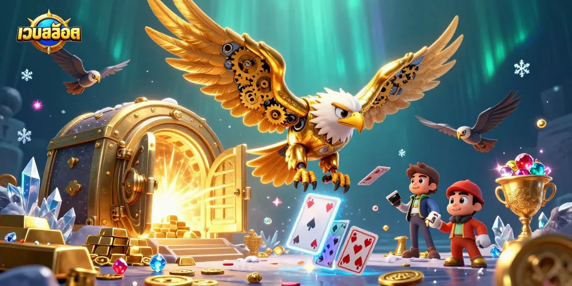 Experience the thrill of เว็บสล็อต with golden treasures and holographic cards in a vibrant 3D scene.
