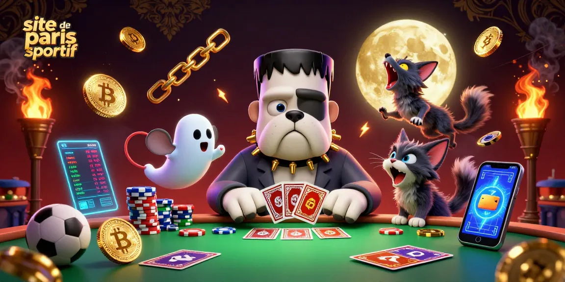 Le site de paris sportif propose une scène animée avec un bulldog Frankenstein et un chat loup dans une ambiance mystique.
