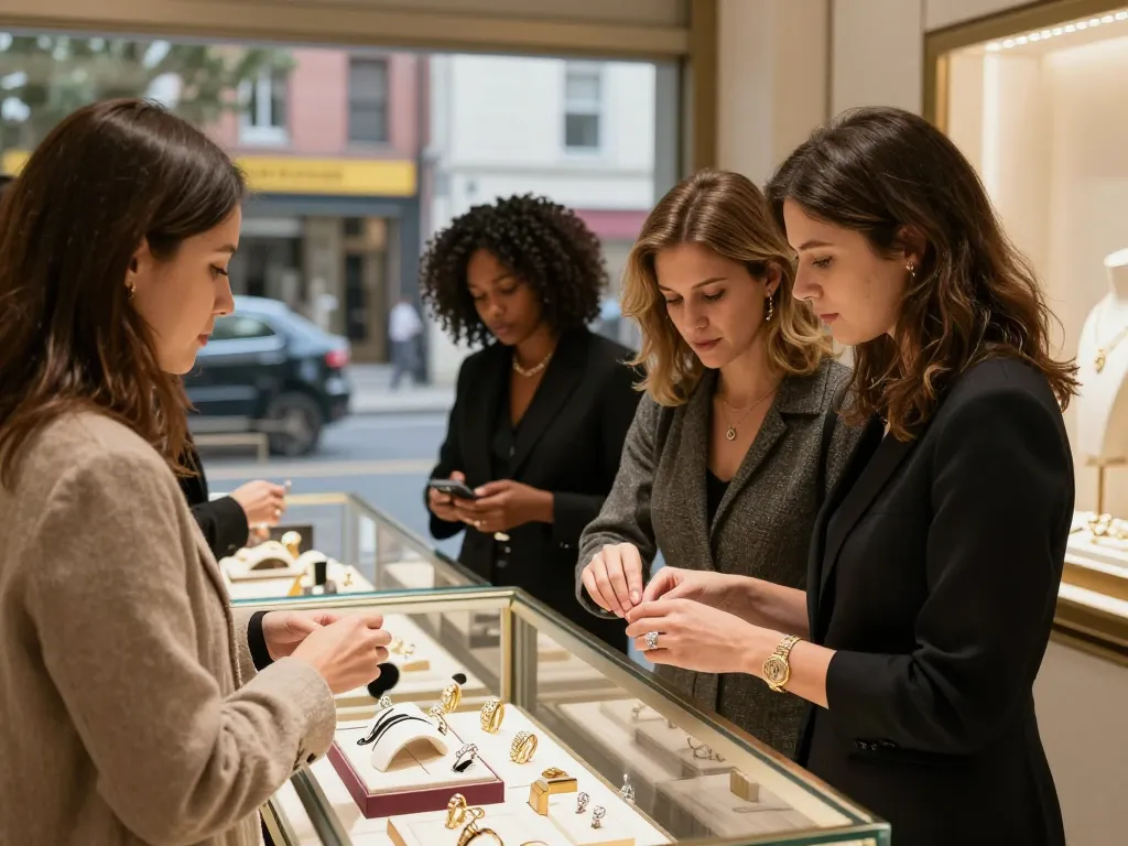 Shoppers exploring exquisite jewelry pieces while discussing addresses in a luxurious store setting.