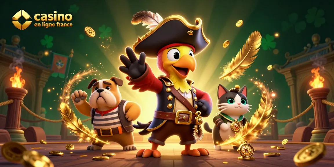 Illustration d'un pirate et ses compagnons dans un décor de casino en ligne france, jouant avec des pièces d'or.