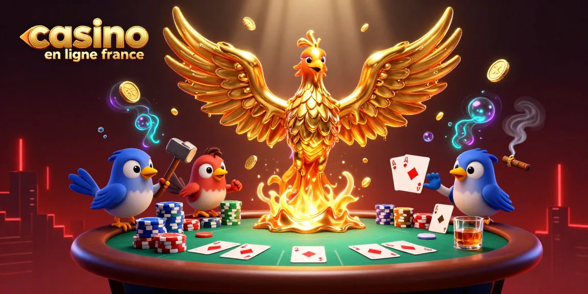 Une illustration 3D détaillée représentant le casino en ligne France avec un phœnix doré, des jetons de poker et des effets lumineux.