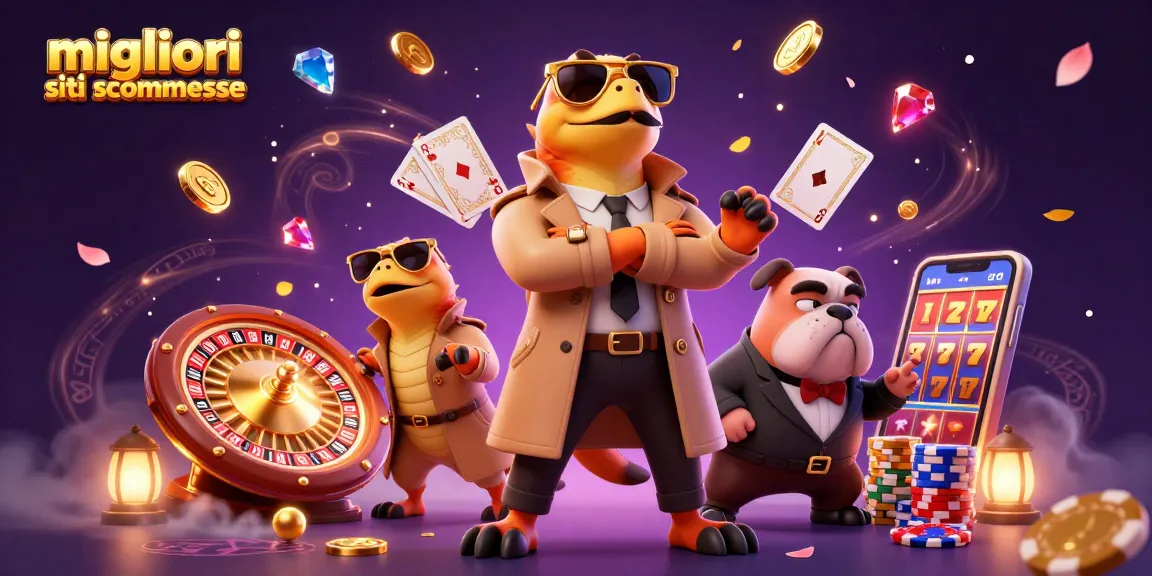 Migliori siti scommesse: tre raptors in un trench coat entrano nel casinò, circondati da monete d'oro e carte da gioco.