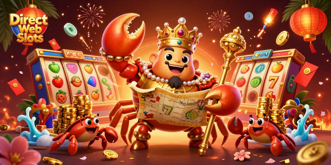 Engage with Direct Web Slots in vibrant 3D style featuring a royal crab emperor and lively casino elements.