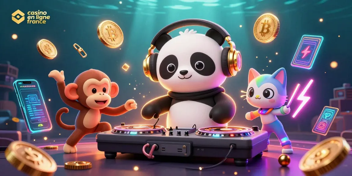 Visuel très détaillé d'un DJ panda et ses amis animant un casino en ligne en France avec des éléments crypto.