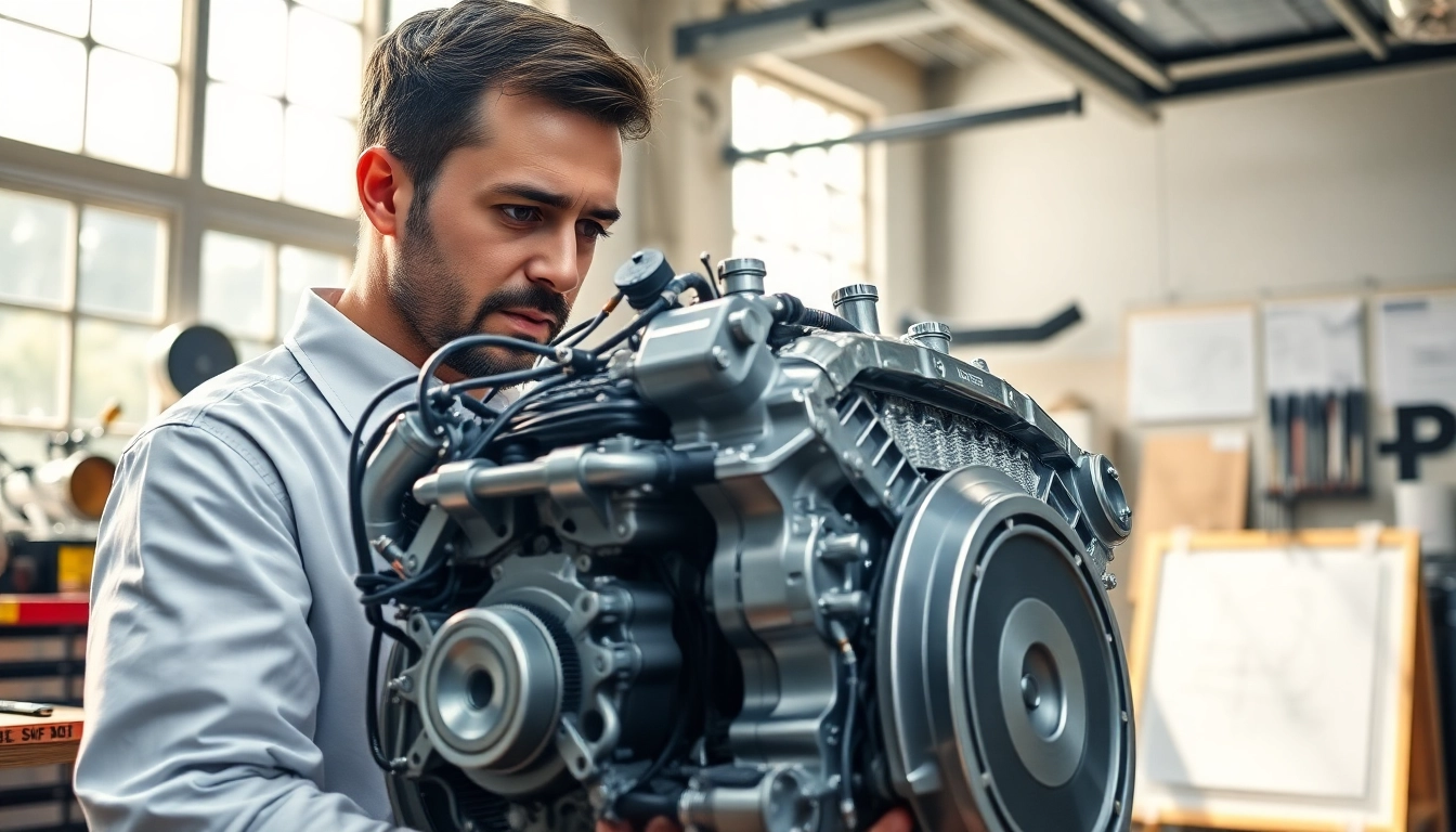 Engineer inspecting Approved Engines in a bright workshop setting with detailed machinery elements.