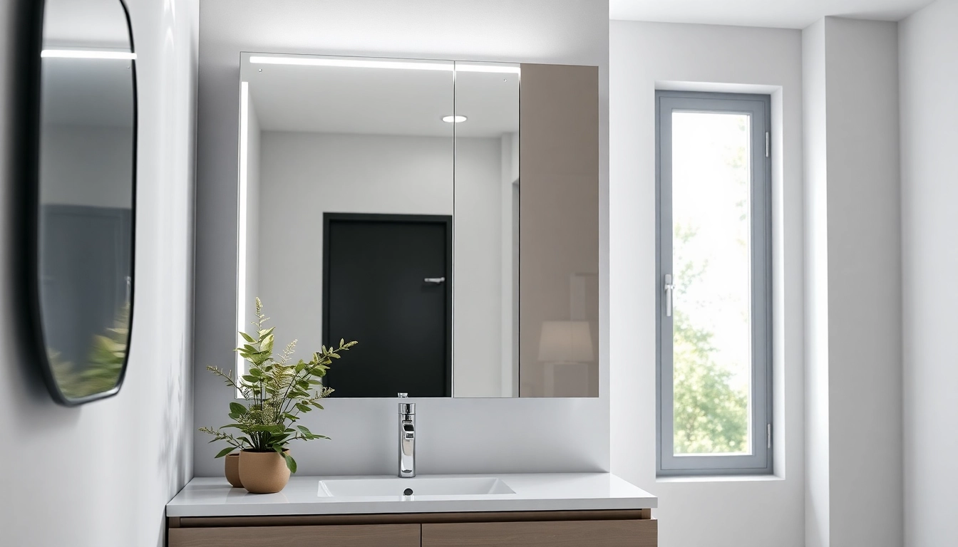 Stylish led bathroom mirror cabinet in a modern bathroom setting reflecting natural light.