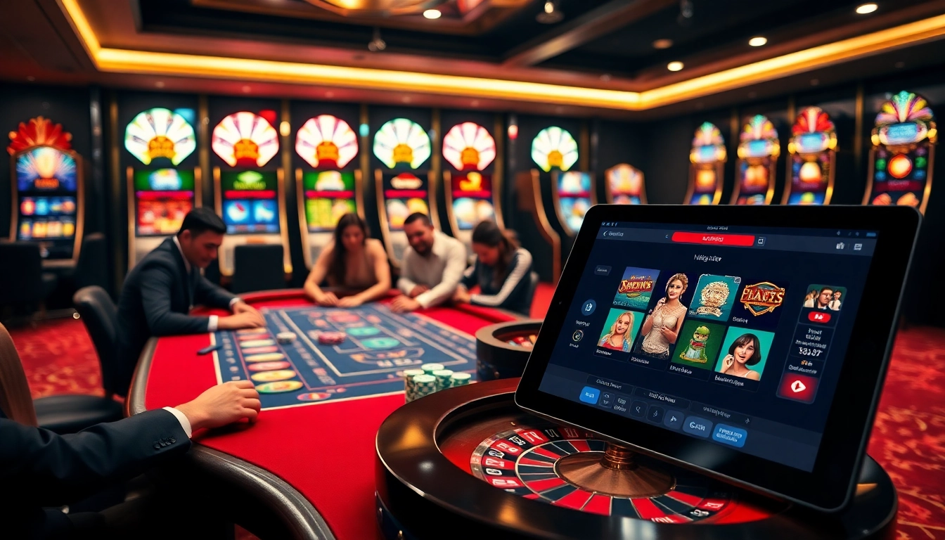 Découvrez l'excitation du casino en ligne 2026 avec des joueurs autour d'une table de poker et des machines à sous vibrantes.