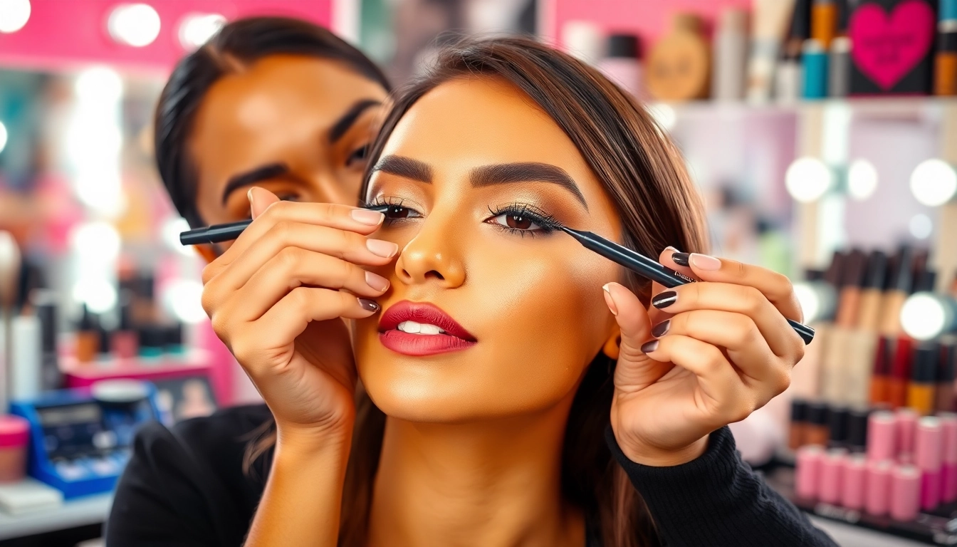 Applying skone cosmetics brow wand for flawless eyebrows in a colorful beauty studio.