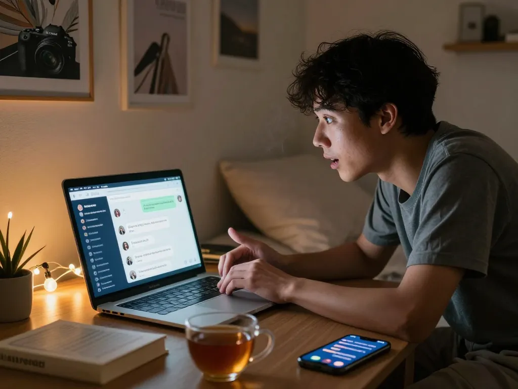 User in cozy bedroom engaging with AI chat displaying ai chat porn conversation on laptop screen, warm ambient lighting creating an inviting atmosphere.
