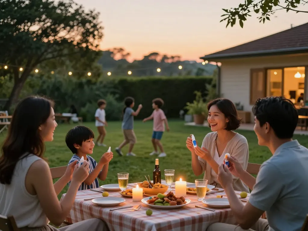 Family enjoying a backyard evening, applying mosquito repellent for protection against bites.