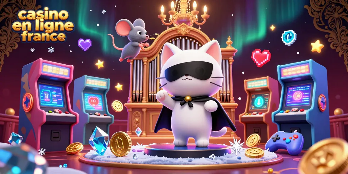Illustration de casino en ligne France mettant en scène un chat en masque et une souris acrobate avec des éléments de jeux colorés.