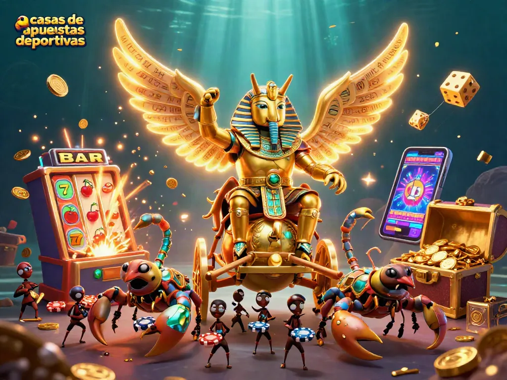 Explora las casas de apuestas deportivas con una escena dinámica de personajes y elementos de juego.