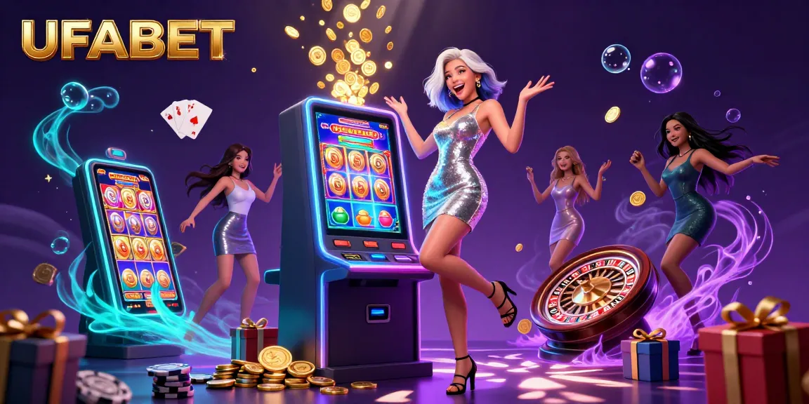 Winning big at UFABET with an excited woman celebrating a jackpot at a casino slot machine.