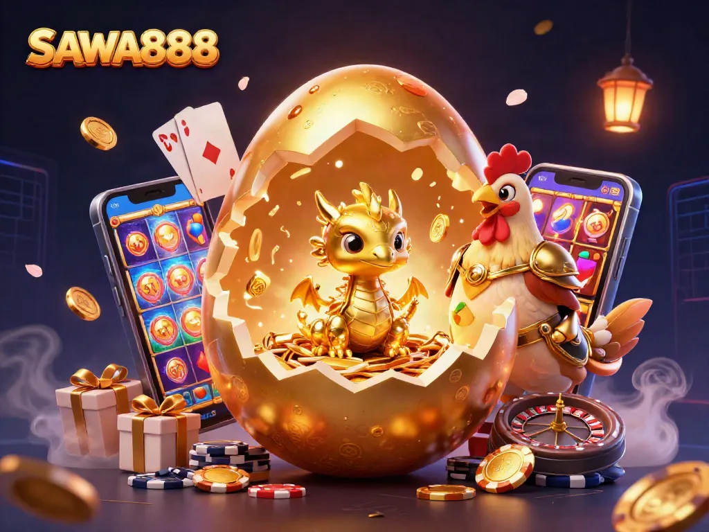 Experience the magic of SAWA888 with a baby dragon and golden egg in a captivating casino scene.