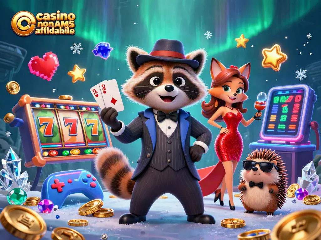 Gioca responsabilmente nei casino non AAMS affidabili, un procione gioca la sua mano vincente in un ambiente festoso.