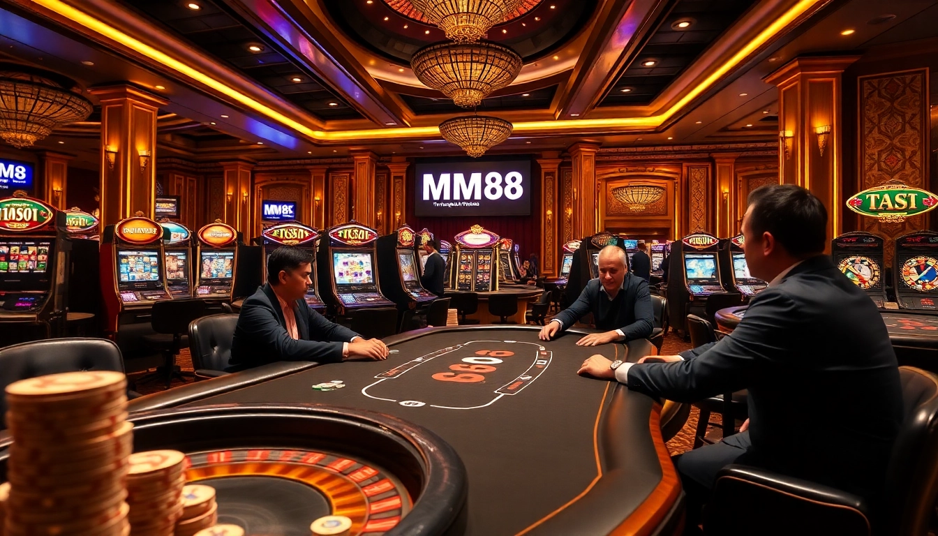 Experience high-stakes gaming at MM 88's luxurious casino with poker tables and slot machines.