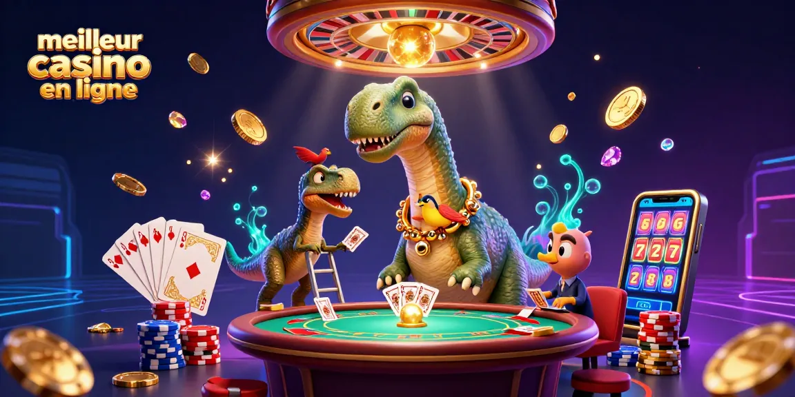 Illustration captivante du meilleur casino en ligne où un brontosaure interagit avec un croupier raptor.