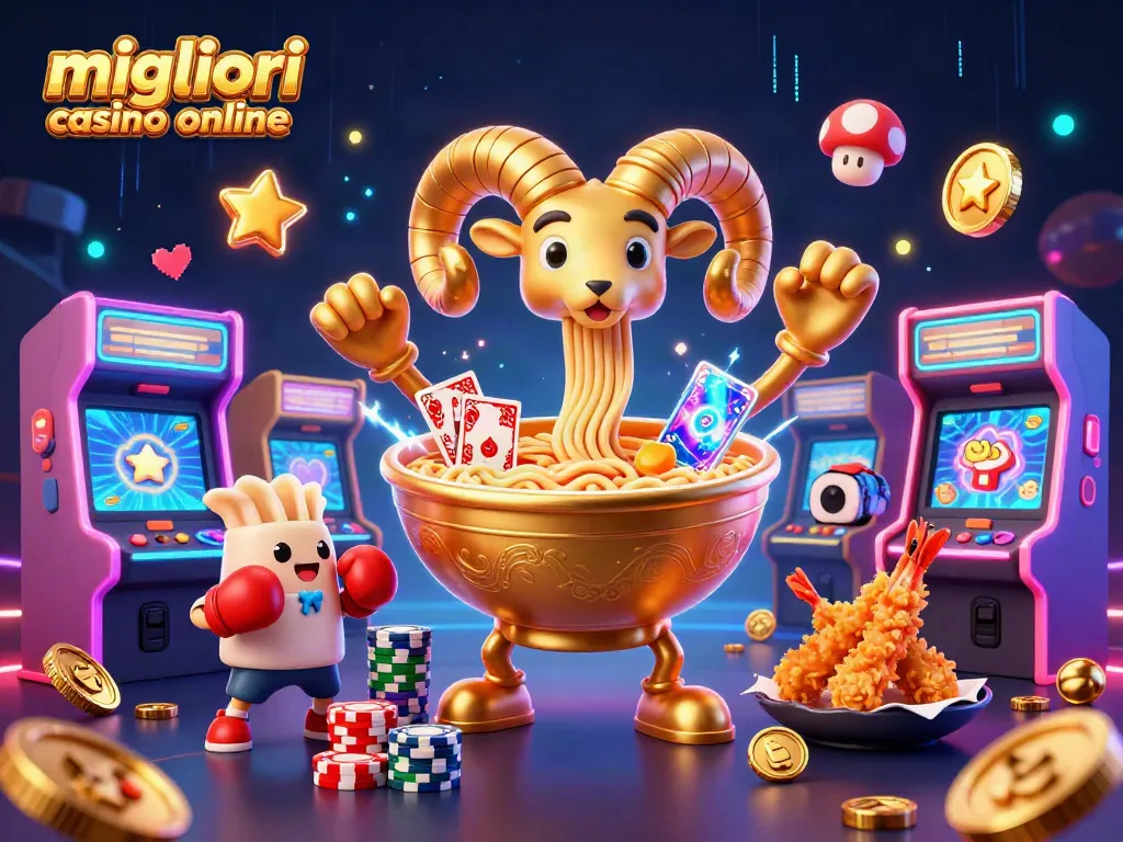 Scopri i migliori casino online con la nostra illustrazione ricca di elementi da gioco e personaggi divertenti.