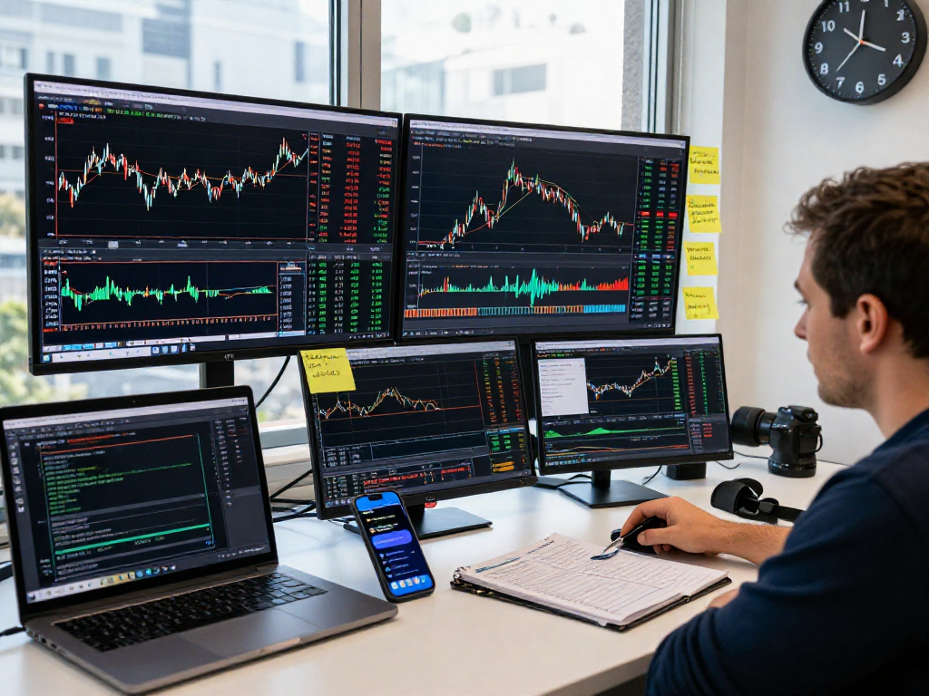 利用metatrader 5进行多市场交易分析的专业交易员，展示实时图表与市场深度