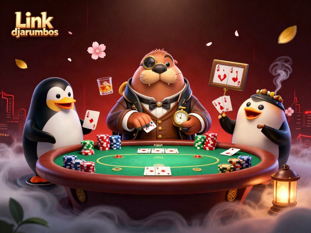 Link djarumbos showcases a delightful poker scene with a walrus, penguin, and pufferfish.