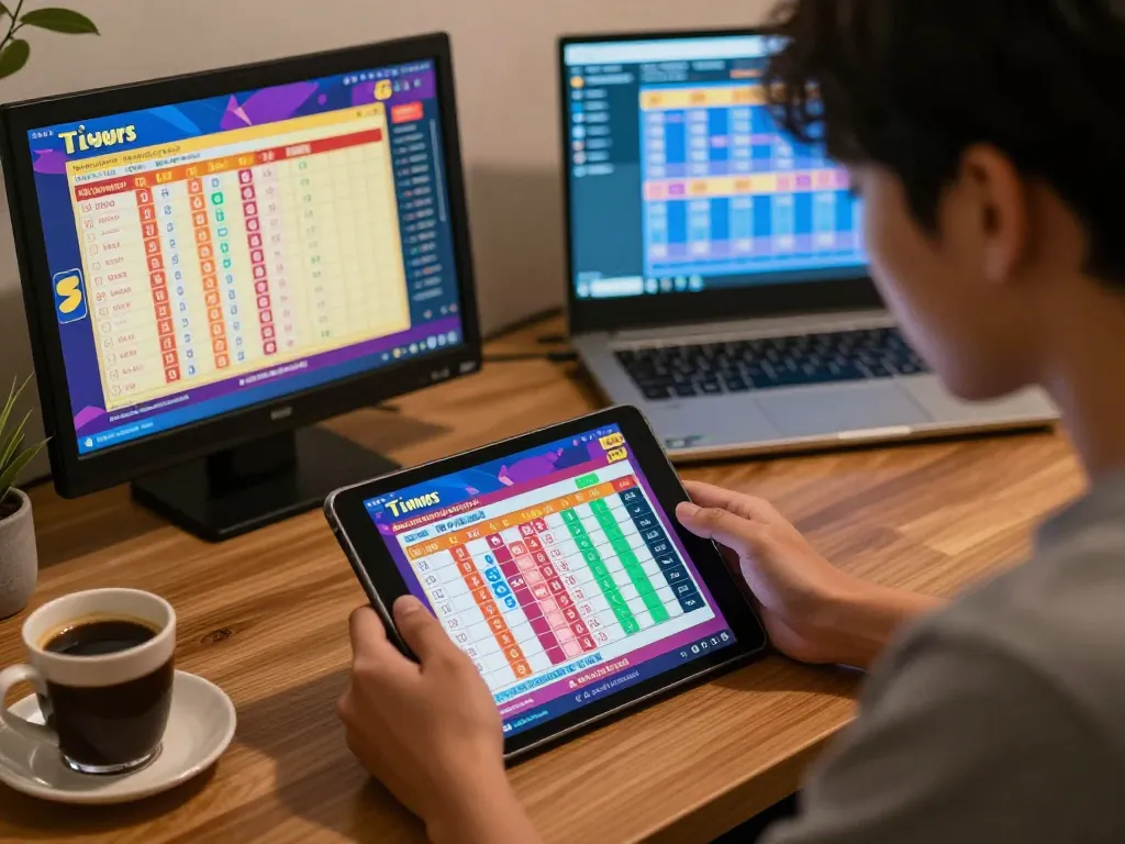 Engaging in togel jakarta betting strategy at home with tablet showing live results and betting options.