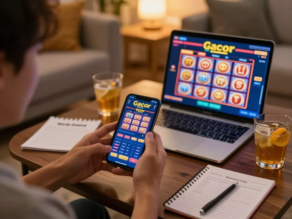 Engaging in slot gacor gaming on a smartphone amidst notes for a strategic approach