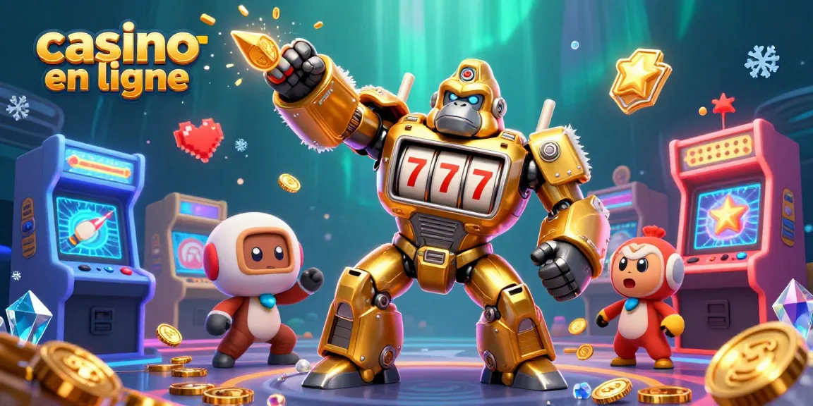 Visualisez un casino en ligne dynamique avec un gorille mech en or, des jeux colorés et des effets éclatants.