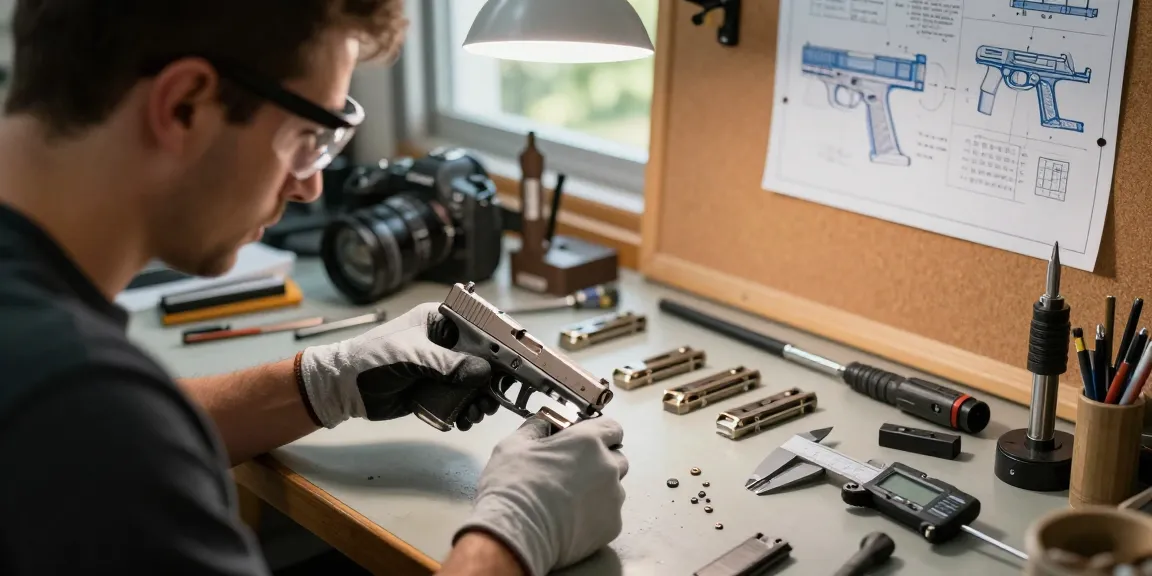 Gunsmith customizing Glock slides at https://precisionglockslides.com with precision tools and detailed designs.