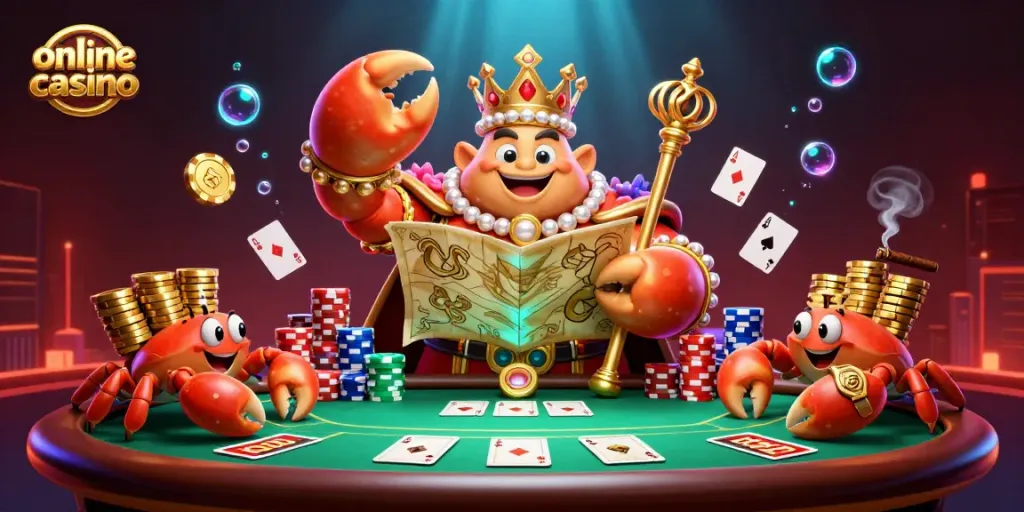 Gioca nei migliori casinò online con una sala vivace e colorata rappresentata da un granchio imperatore e giochi di carte.