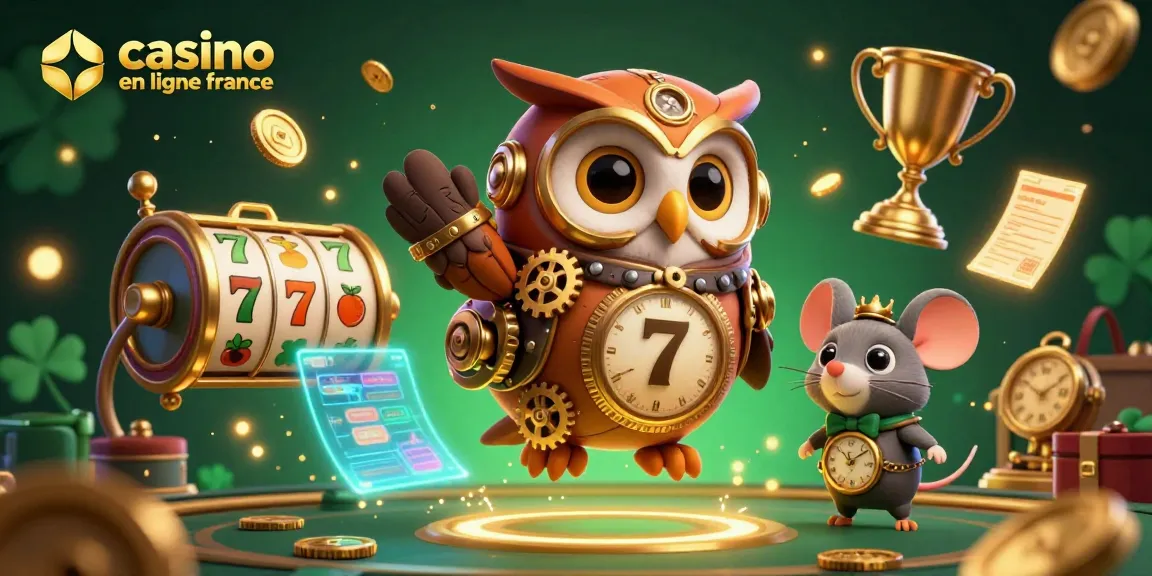 Illustration d'un casino en ligne France avec une chouette voyageuse et une souris, des éléments de machines à sous captivants.