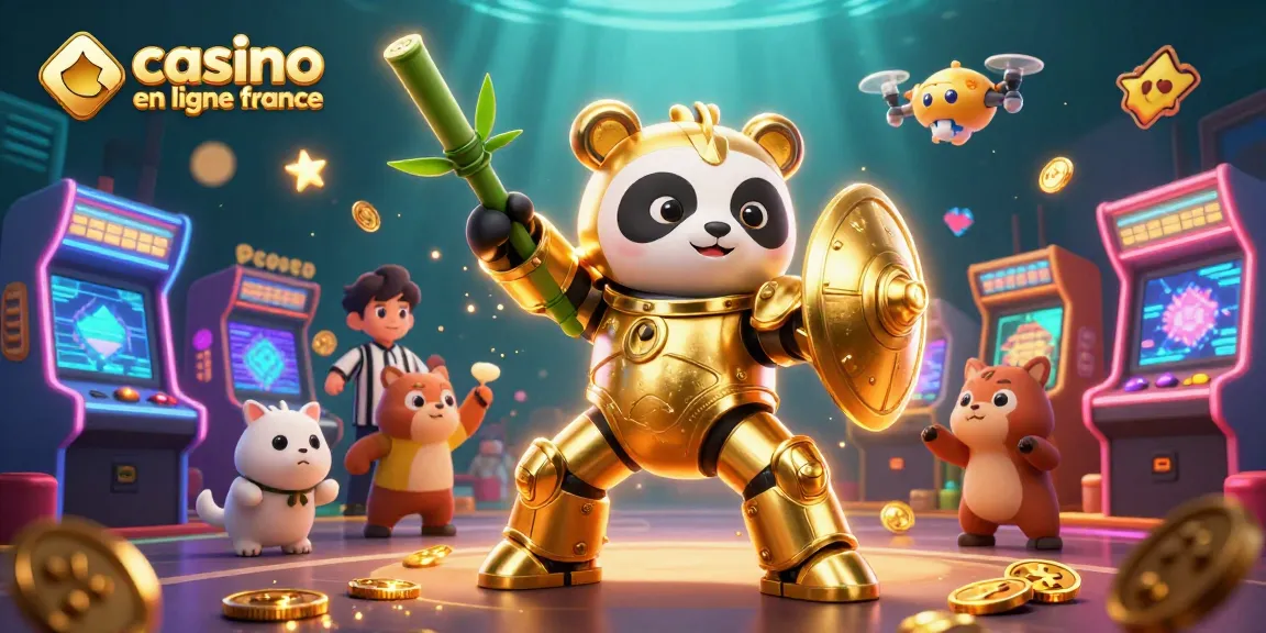 Jouer sur un casino en ligne France avec une illustration 3D captivante représentant un panda doré sur un robot de combat.