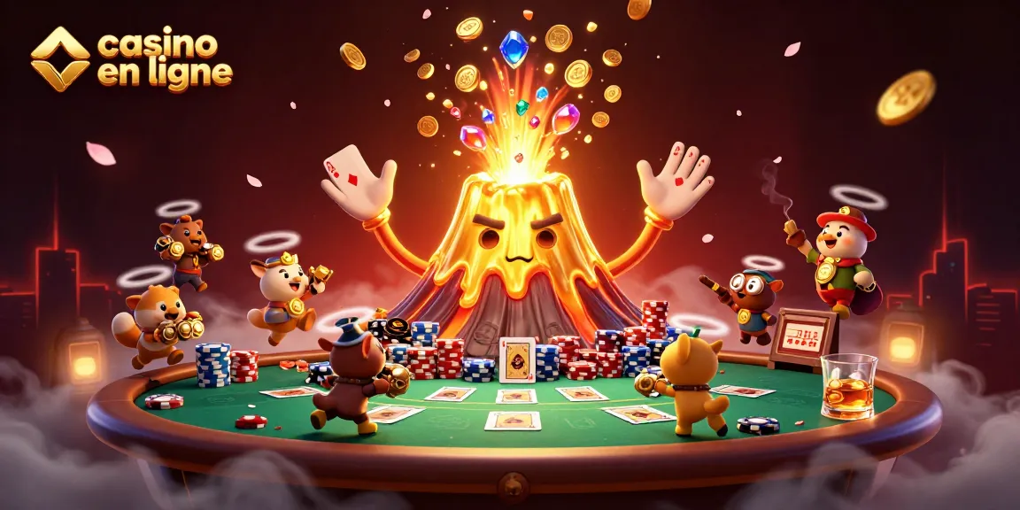 Gérez vos gains au casino en ligne avec ce volcan doré entouré de trésors et de cartes.