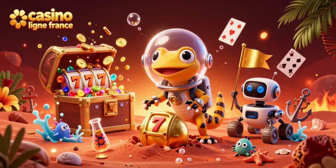 Exploitation du casino en ligne France par un gecko martien cartoon dans une scène 3D dynamique.