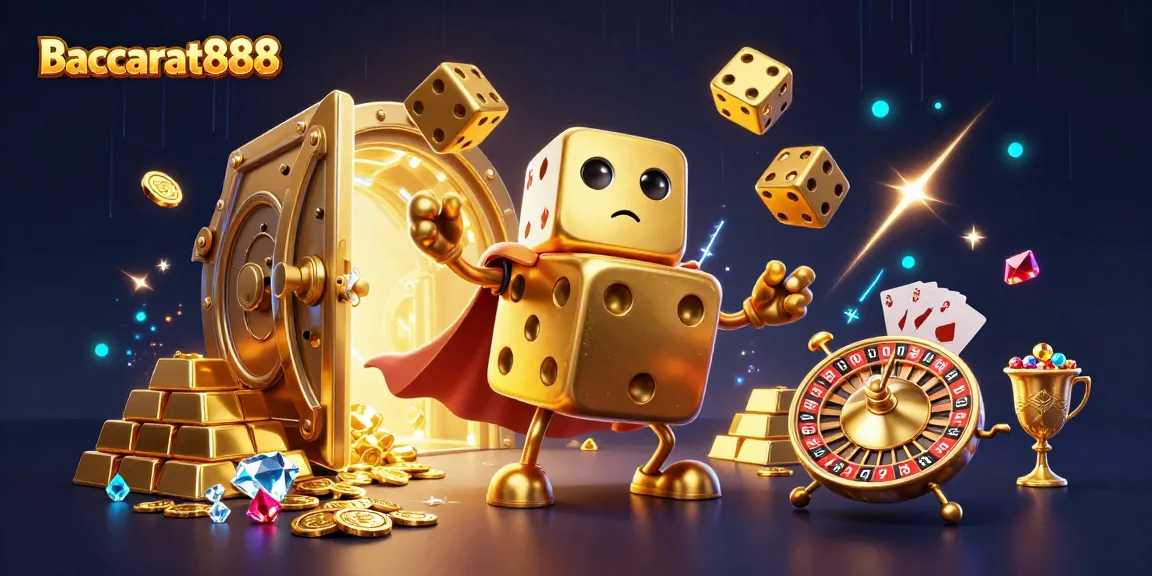 Baccarat888 offers an enchanting scene with a golden dice golem juggling dice, highlighting exciting gameplay and treasures.