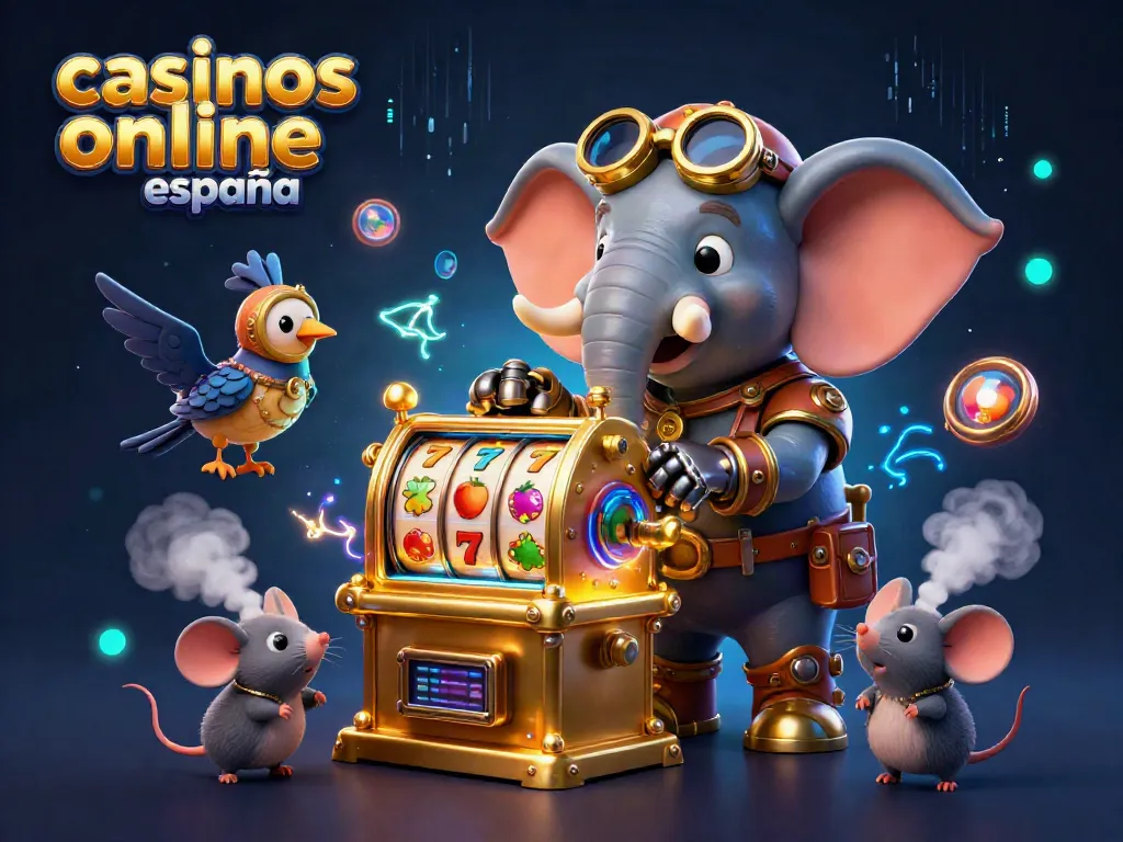 Juega en casinos online España disfrutando de una caricatura 3D vibrante con un elefante e ingeniero en una máquina tragamonedas.
