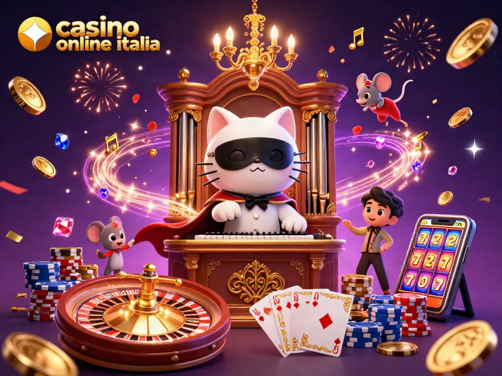 Illustrazione dinamica di casino online italia con gatti mascherati e giochi, petali e note musicali.