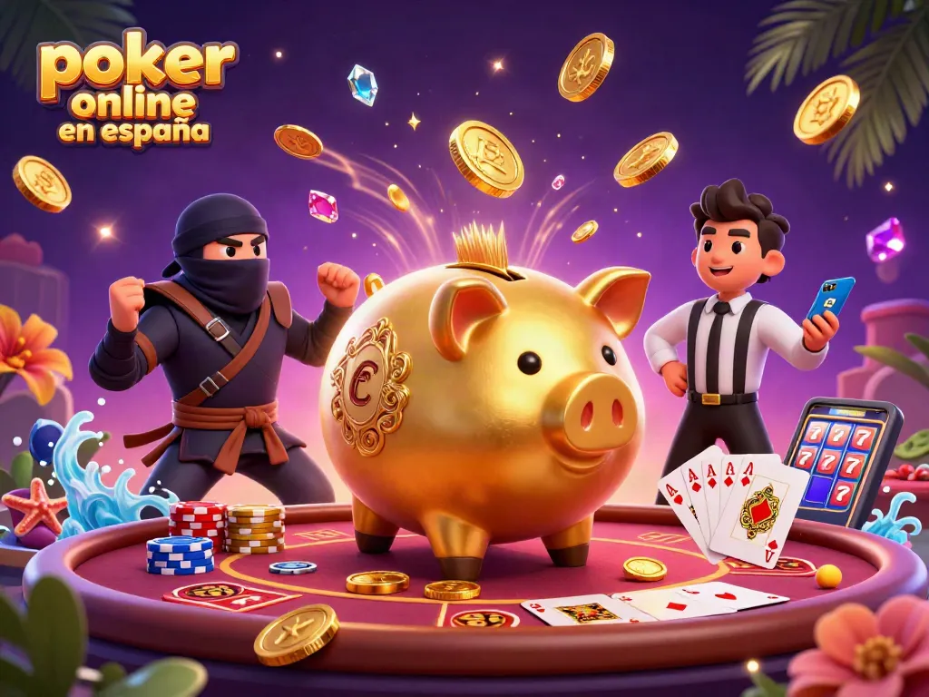 Disfruta del poker online en España con una ilustración llena de acción y premios brillantes.