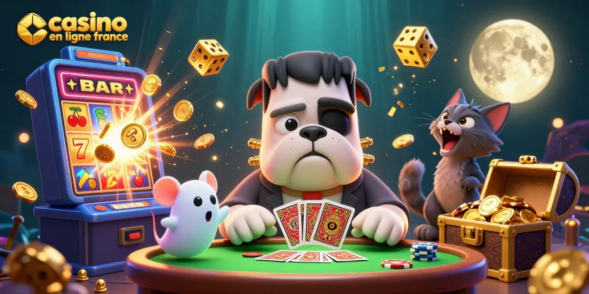 Jouez au casino en ligne France avec un bulldog Frankenstein et un chat loup ! Une scène animée !