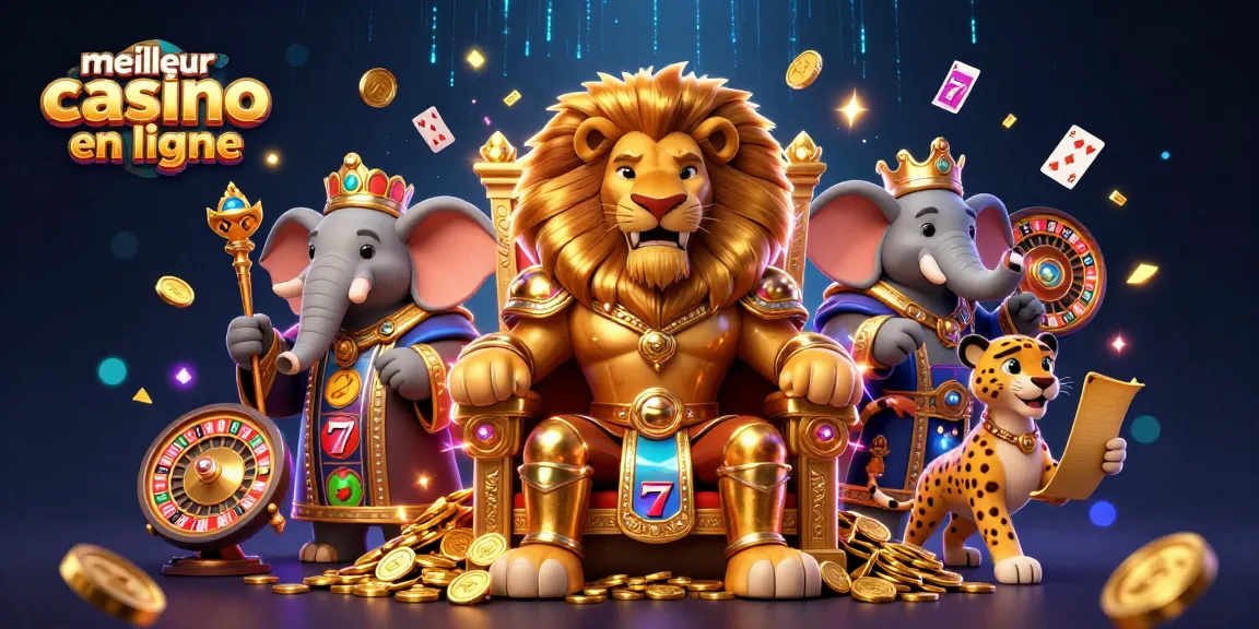 Découvrez le meilleur casino en ligne avec un roi lion et ses amis entourés de machines à sous et de roulettes.