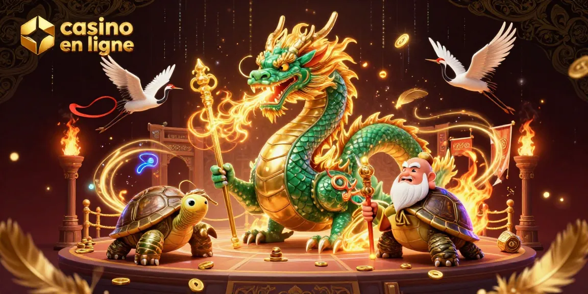 Découvrez un dragon émeraude représentant un casino en ligne dynamique, entouré de pièces d'or et d'éléments de jeu.
