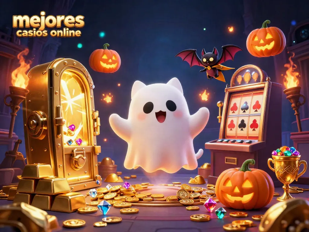 Explora los mejores casinos en línea con un gato fantasma en un casino encantado rodeado de tesoros brillantes.