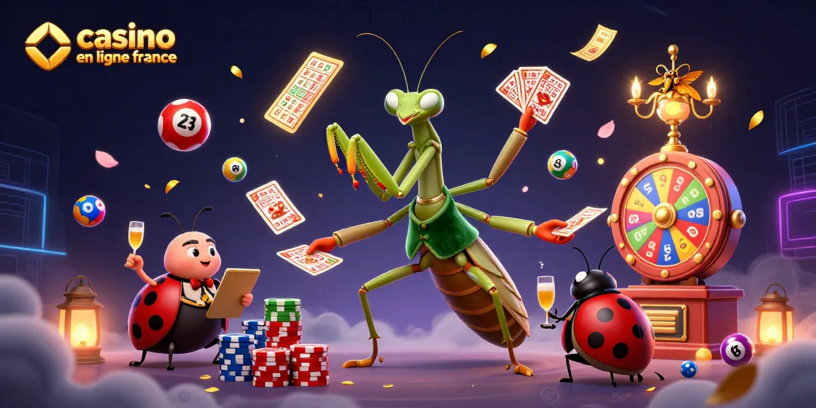 Illustration vibrante et dynamique des jeux de cartes au casino en ligne France, avec un mante religieux et un gérant.