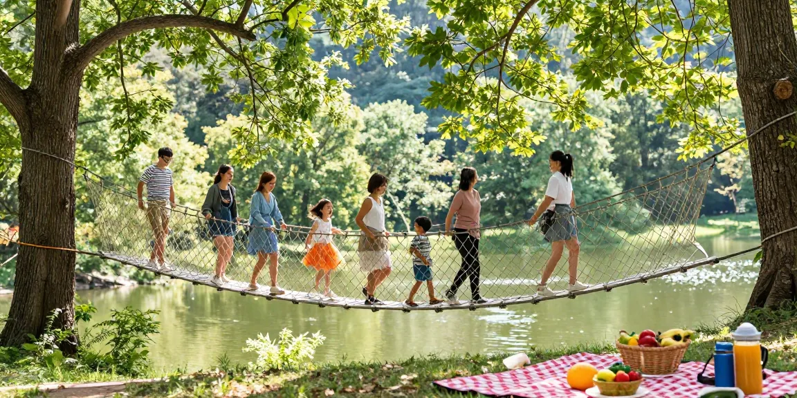Families enjoying a safe rope bridge design among trees, showcasing adventure and joy.