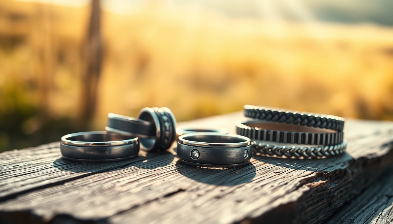 Showcasing men’s jewelry, highlighting elegant rings and bracelets on a rustic table.