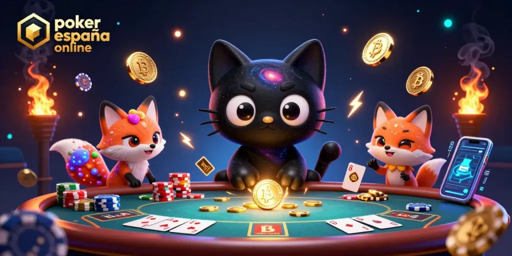 Juega póker en España online en una ilustración 3D con un gato cósmico y elementos dinámicos.